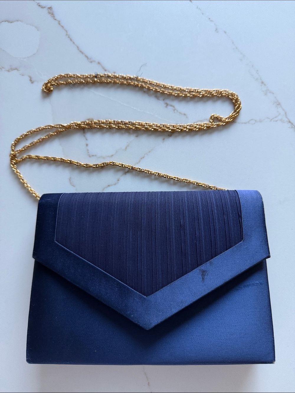 VALERIE STEVENS Navy Satin Envelope Evening Clutch with Gold Chain